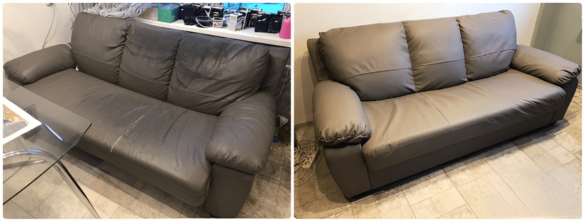 Taupe three-seat leather sofa with a scuffed, patchy seat beside the same sofa with its finish rebuilt and cushions refilled