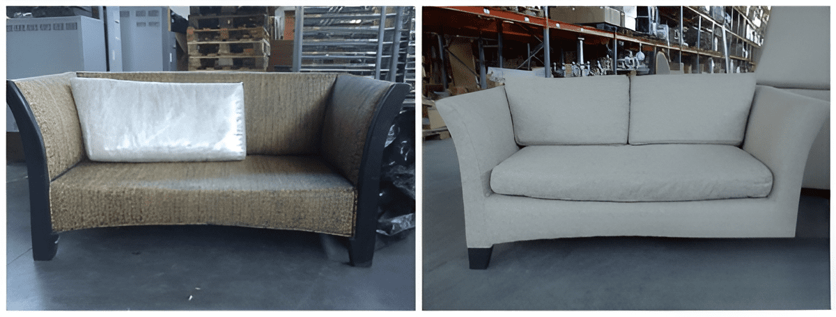 Two-seat sofa stripped to hessian alongside the same sofa after full fabric reupholstery