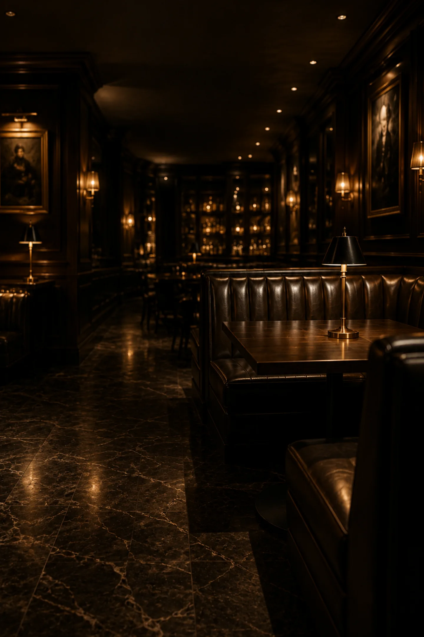 An empty bar at night with leather booths and the lights down