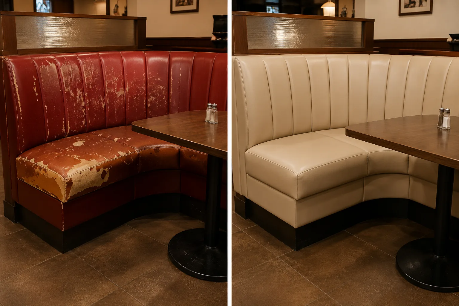 Corner booth in worn red leather before recovering and cream after