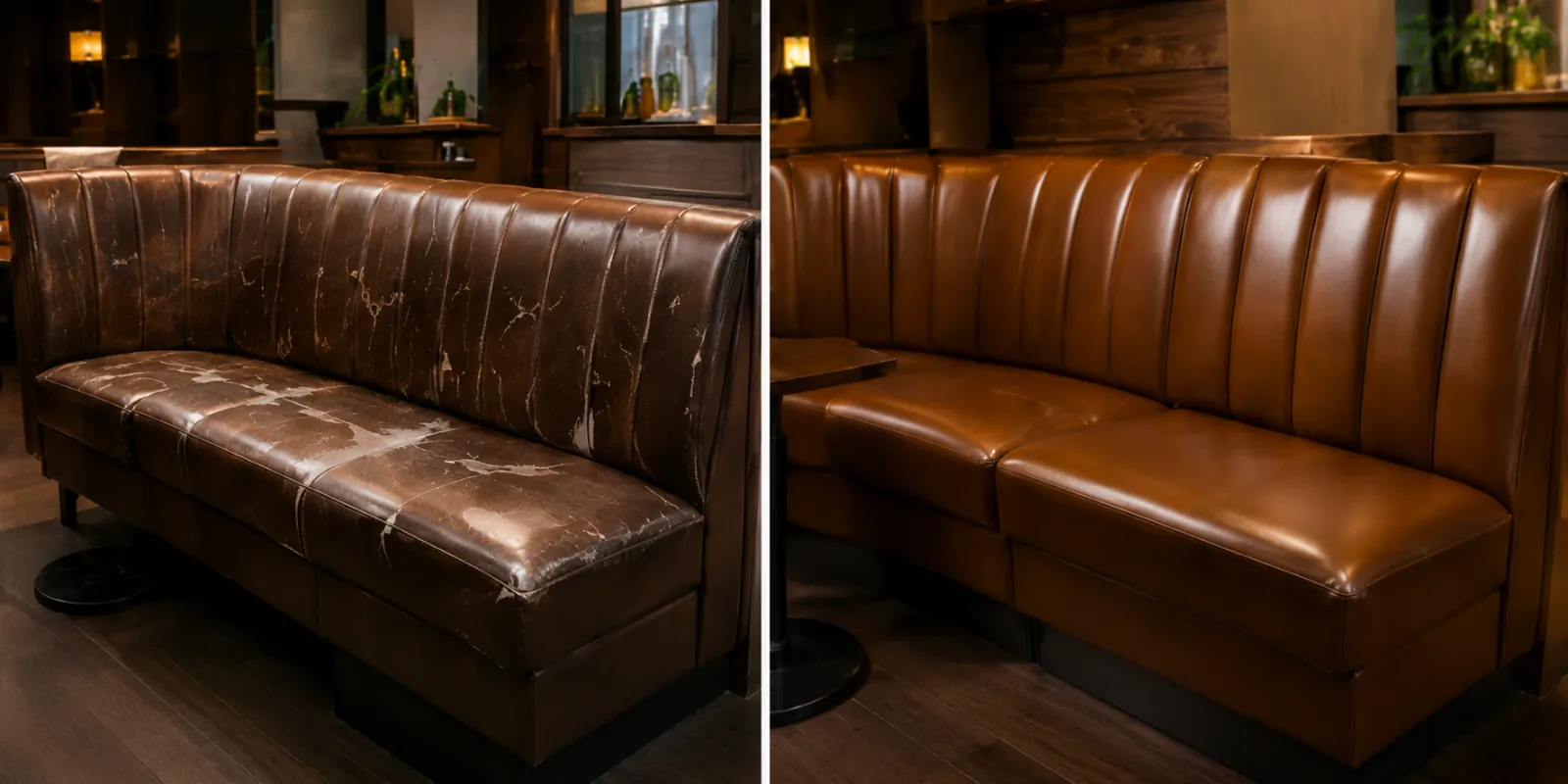 Long tan leather banquette run before and after recovering