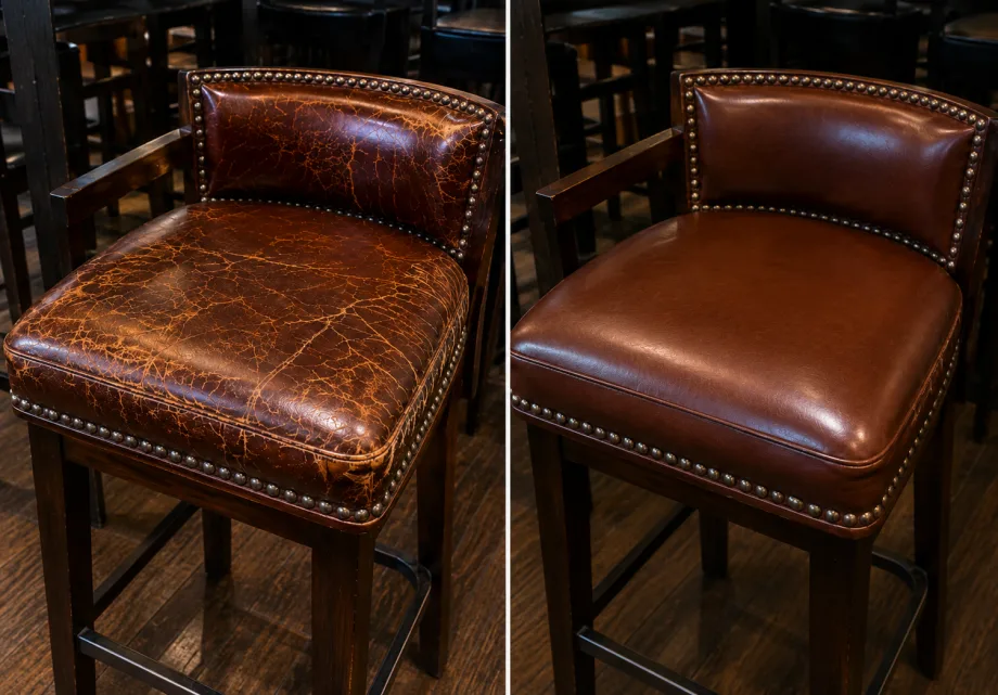 Before and after of a nailhead-trimmed low-back bar stool, crazed grey-brown then recovered in even cognac