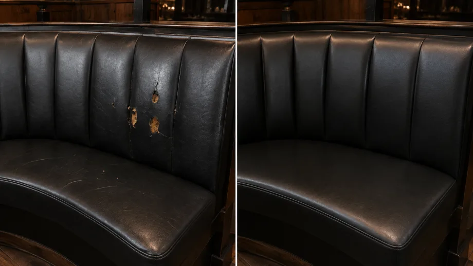 Restaurant booth back before and after repair of torn leather channels