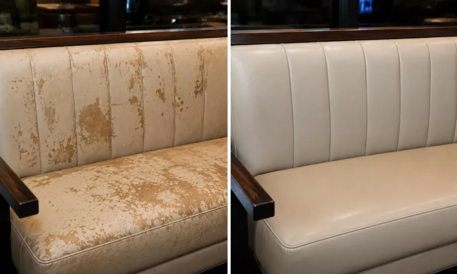 Cream channelled leather bench, blotched and worn through before restoration and one even cream after