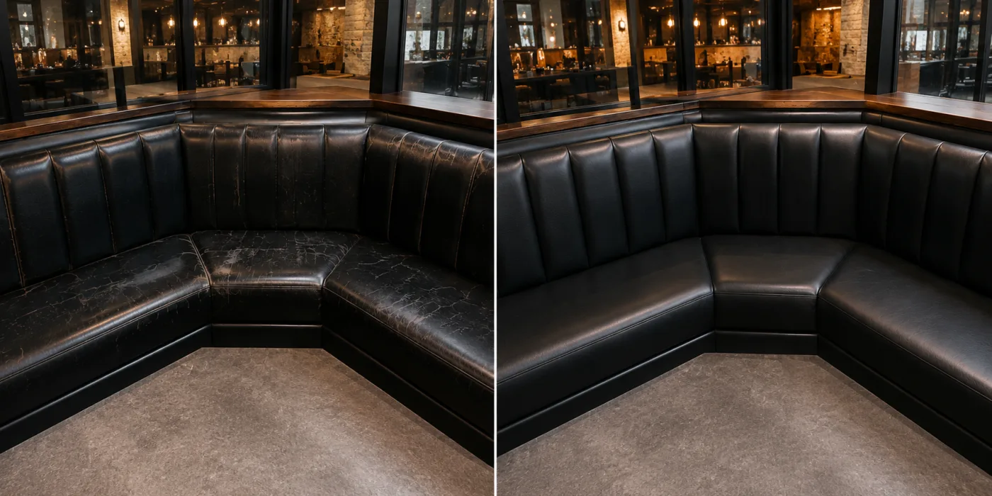 Black leather corner banquette run, the seats crazed and graying before restoration and one even black after