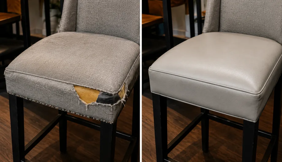 Before and after of a pale grey counter stool, the woven seat cover torn open at the front edge then replaced with a smooth wipeable cover