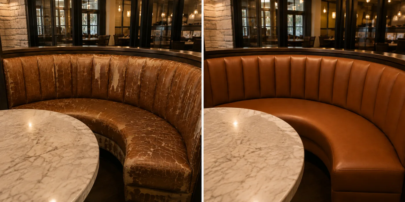 Curved booth bay before and after recovering in brown leather
