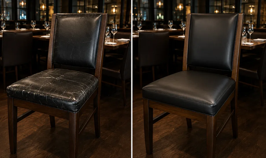 Black dining chair seat before and after recovering