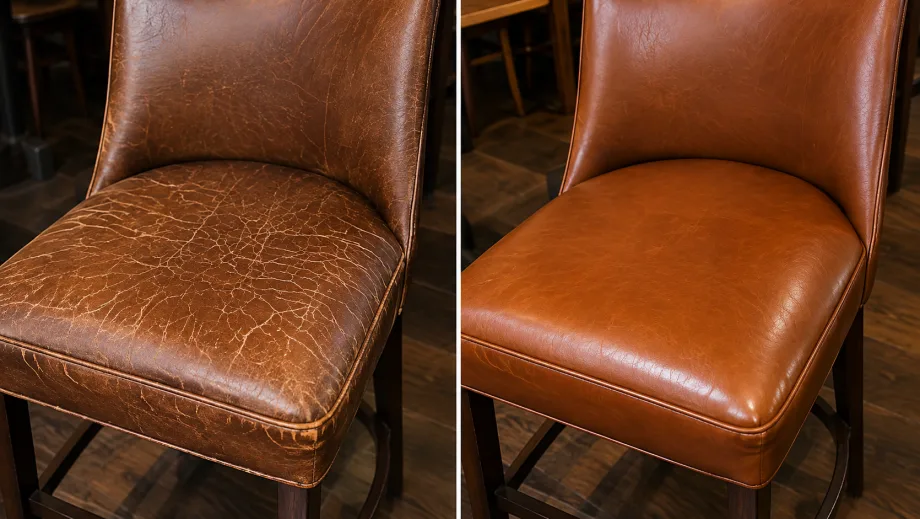 Cognac leather side chair with a crazed seat before restoration and an even cognac seat after
