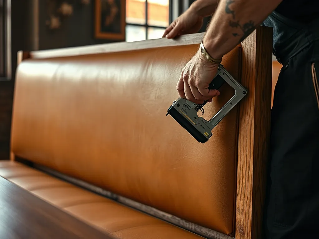 Upholsterer stapling a tan leather cover onto a banquette back