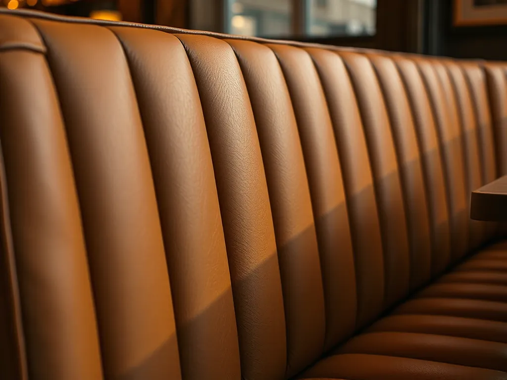 Finished tan leather banquette back with even vertical flutes