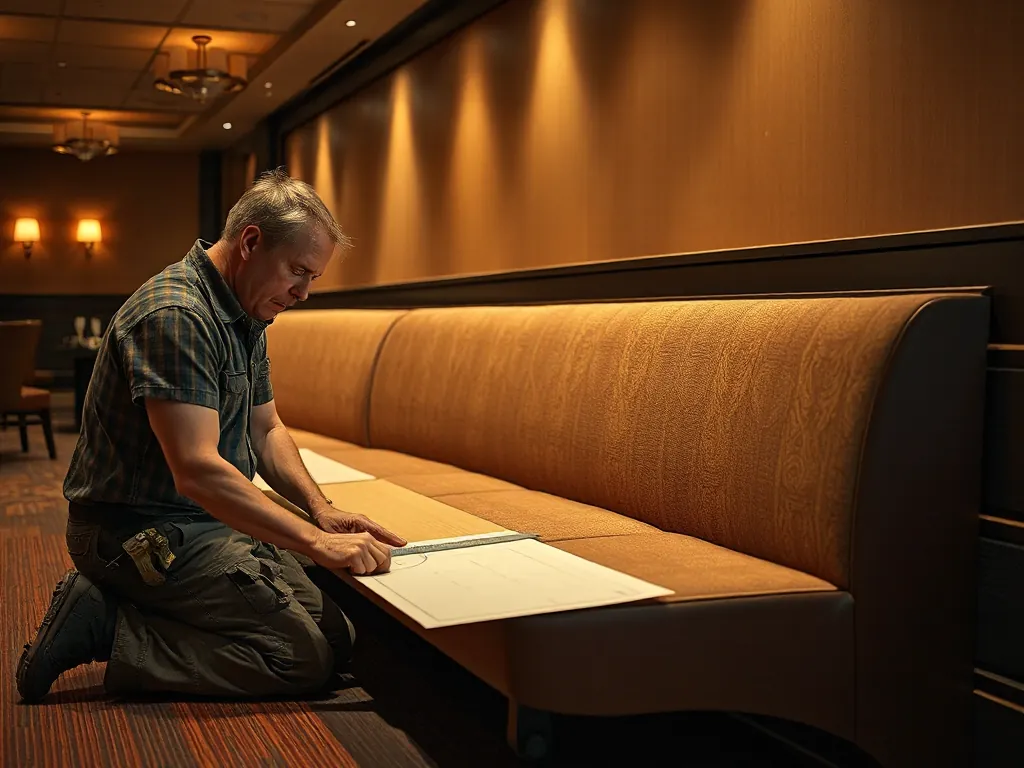 Upholsterer laying template paper into a banquette bay to record its shape
