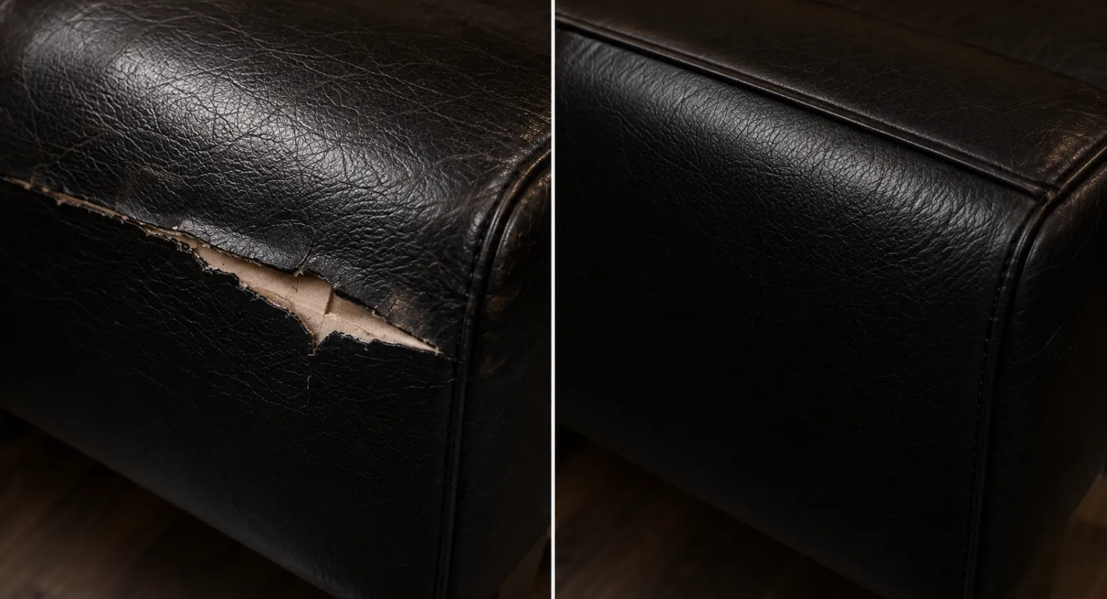 Black bench leather torn across the front corner on the left, the corner rebuilt and recolored on the right