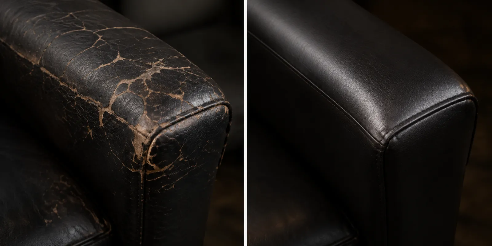 Black leather arm flaked back to a pale ground color on the left, recolored and even on the right