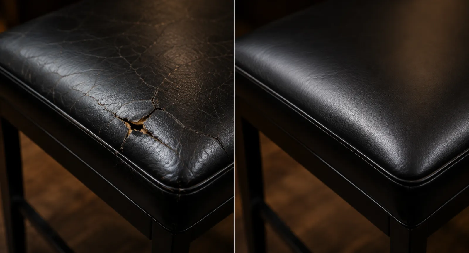 Cracked black leather stool seat before and after