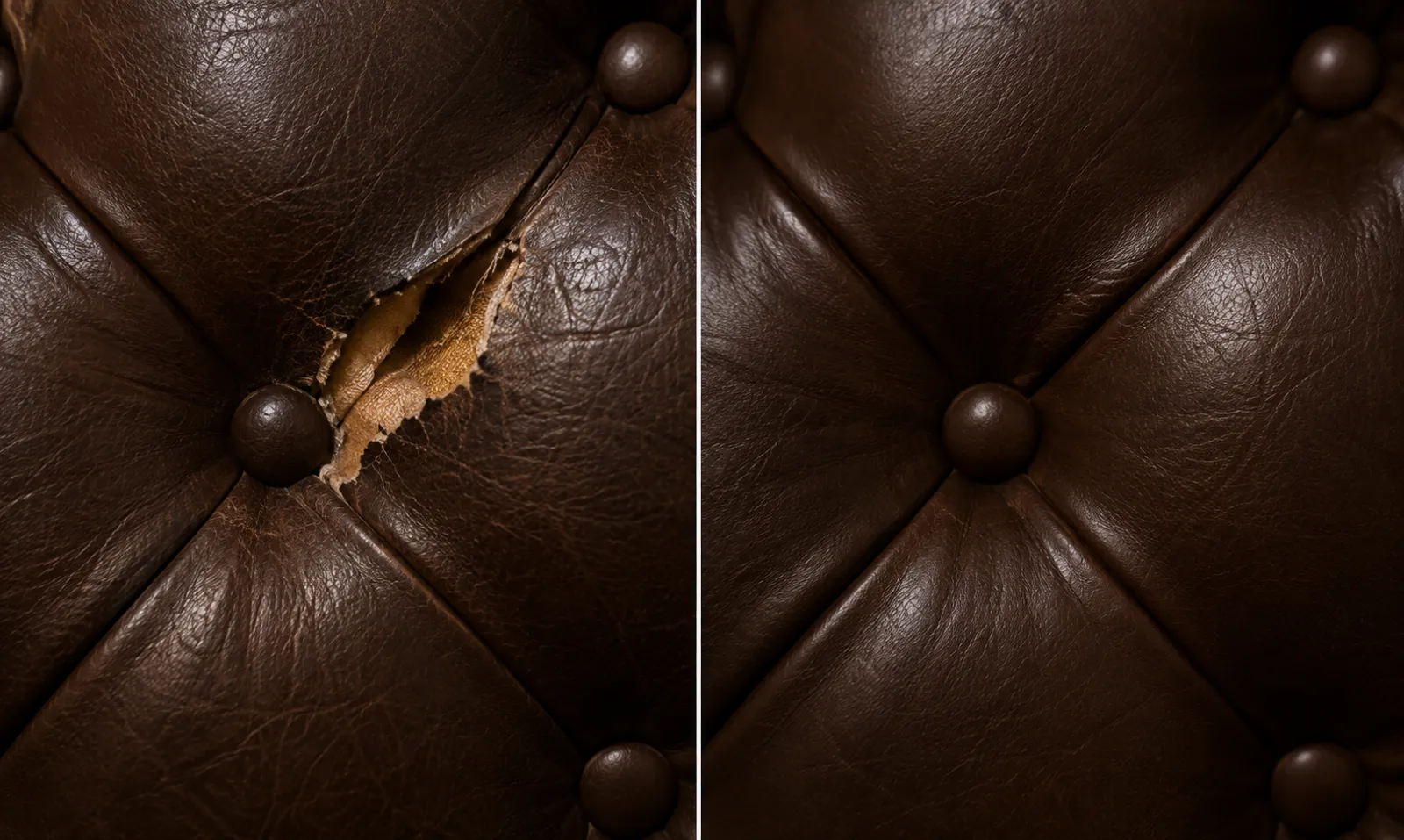 Deep-buttoned brown bar seat, torn open beside a button on the left, closed and re-buttoned on the right