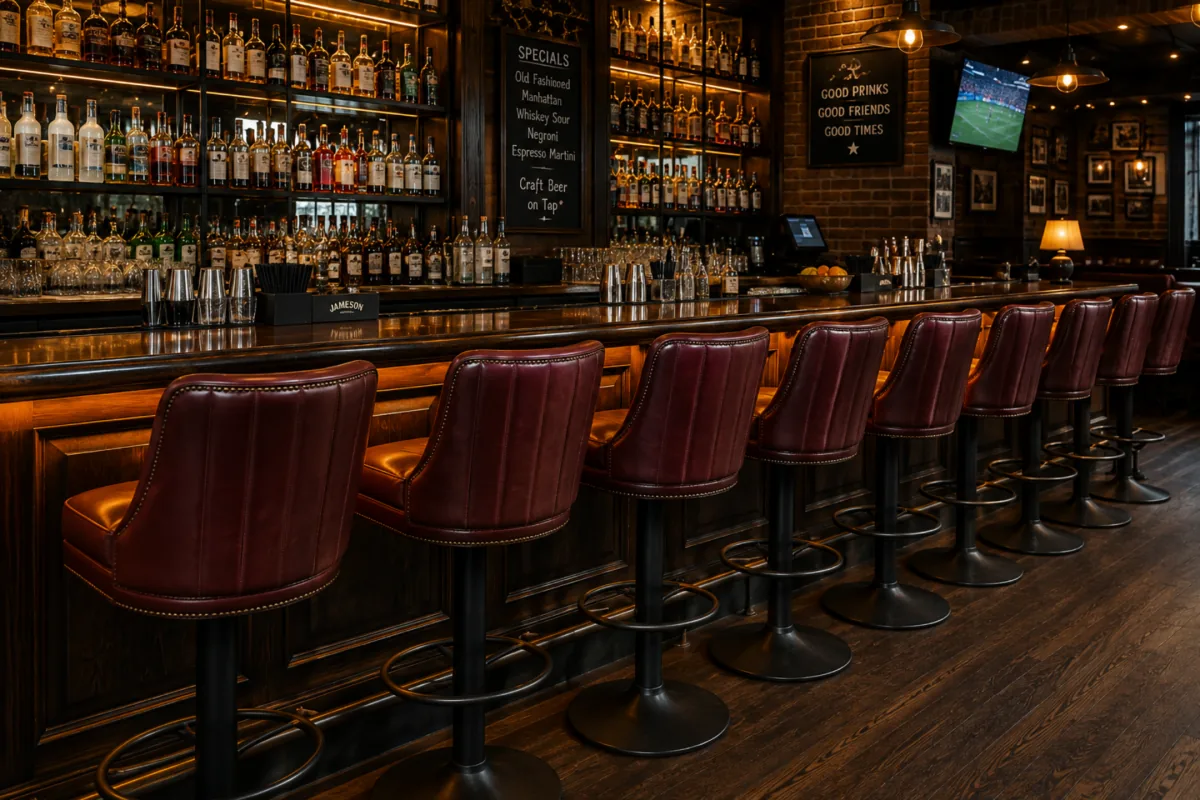 Row of leather bar stools along a back-lit bar counter