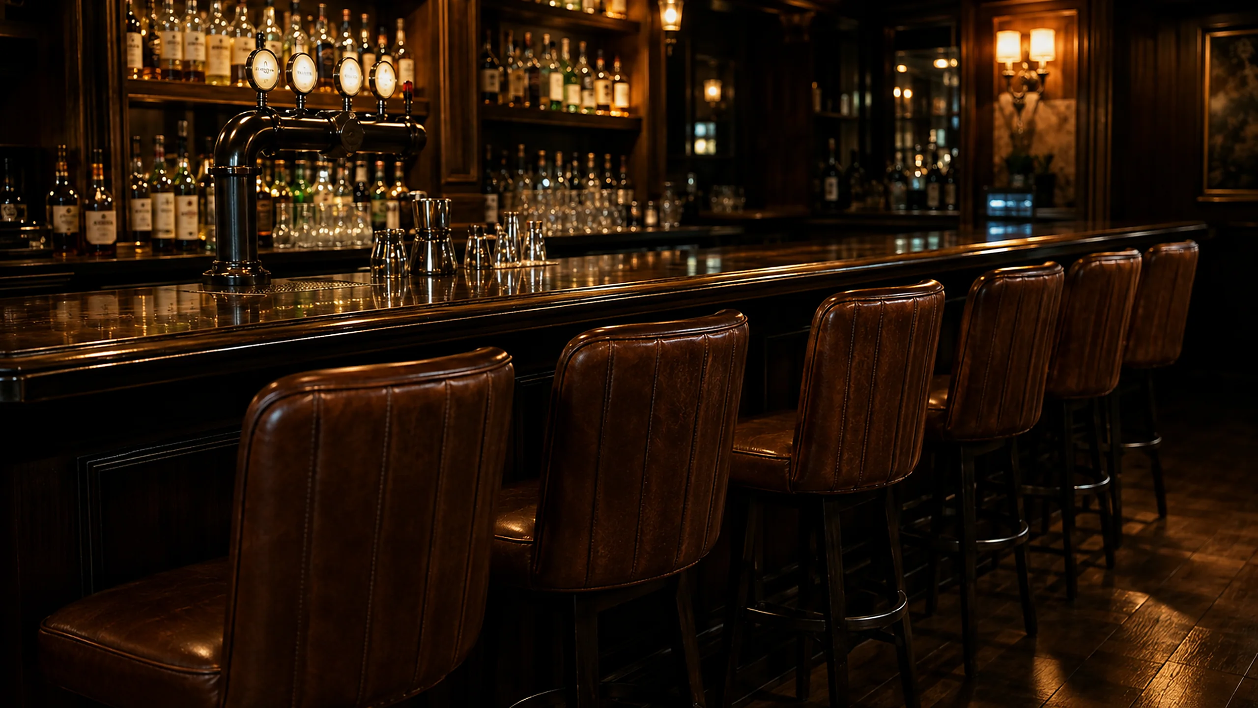 Bar furniture services NYC — row of brown leather bar stools along a lit wooden back bar