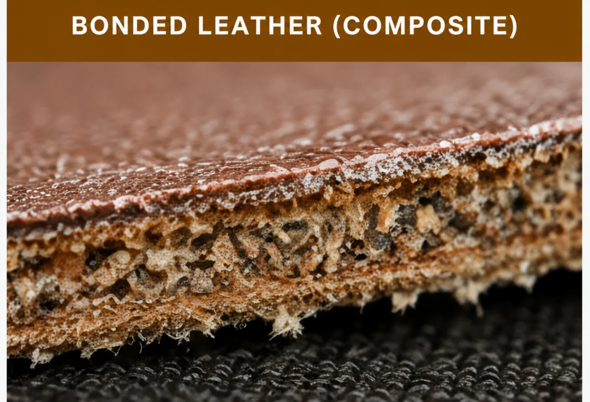 Cross-section of bonded leather on fiber backing
