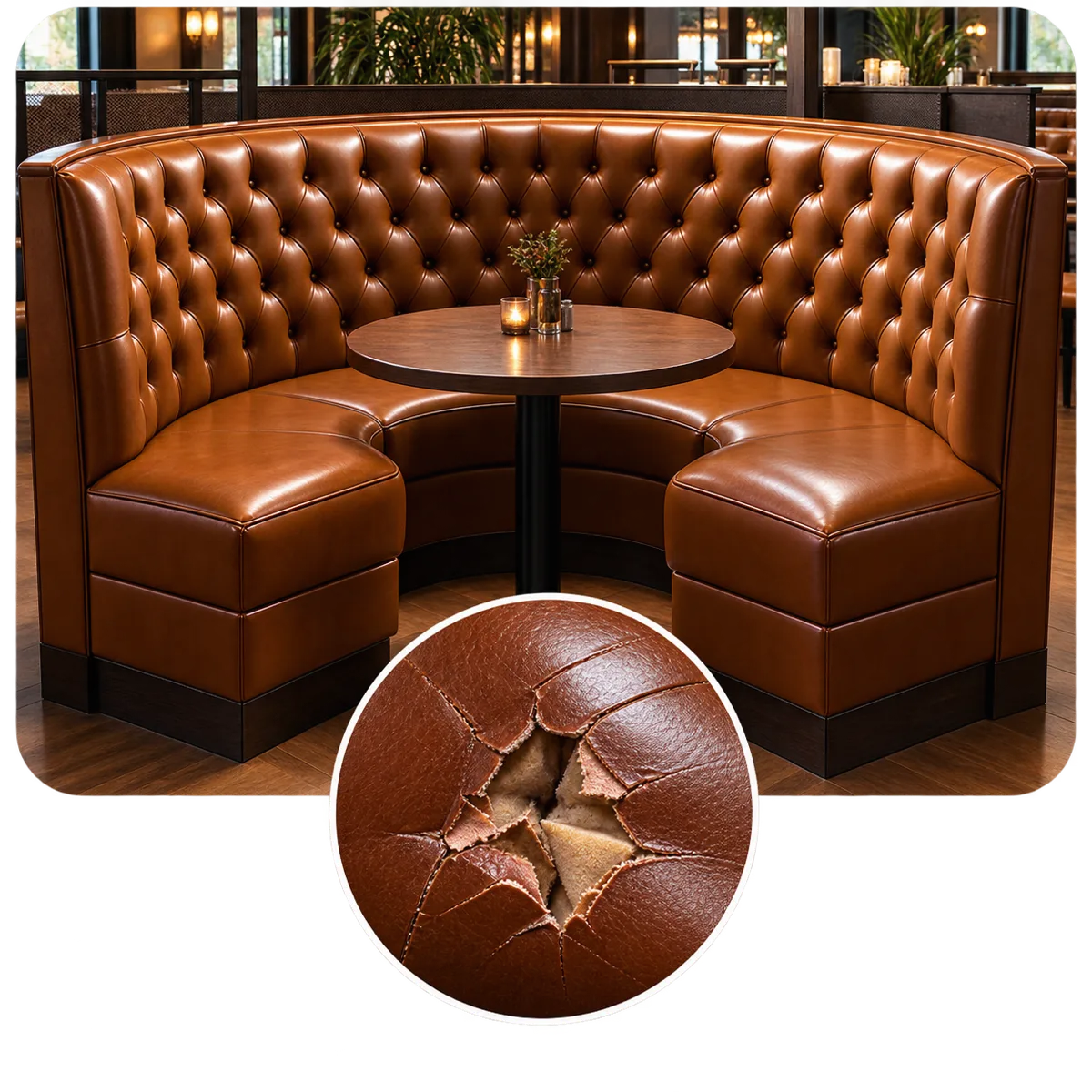 Burst leather on a tan tufted booth