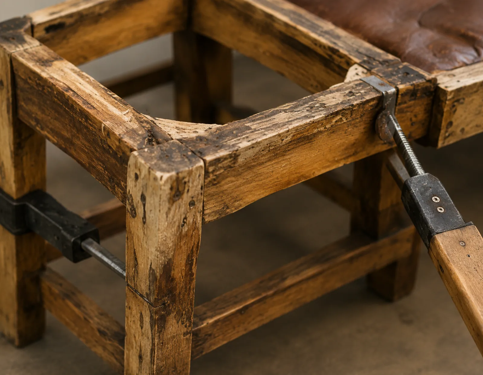 A broken wooden chair frame held in clamps