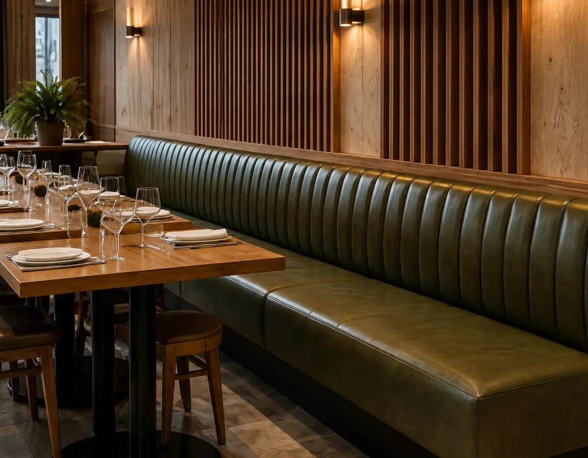 A built-in green leather restaurant banquette