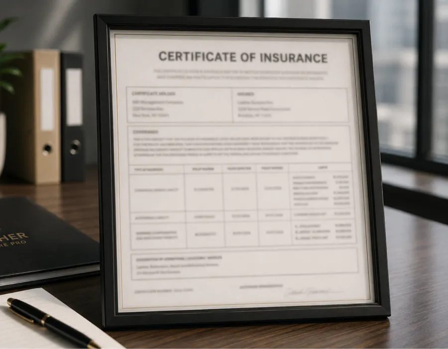 A certificate of insurance in a frame on an office desk