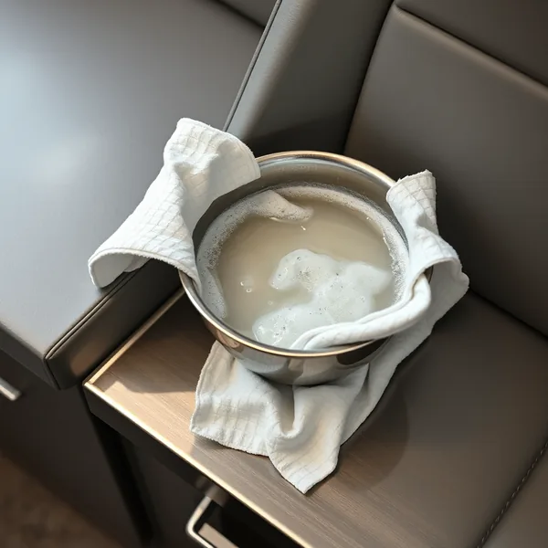 A bowl of warm soapy water and a soft cloth beside a vinyl seat
