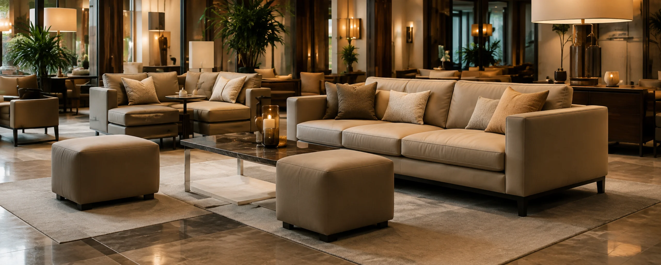 Sand colored leather sofa with two leather ottomans in a warmly lit hotel lobby seating group