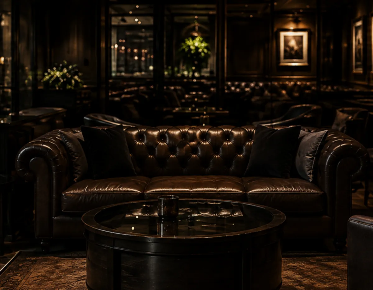 A dark hotel lounge with a tufted leather chesterfield sofa