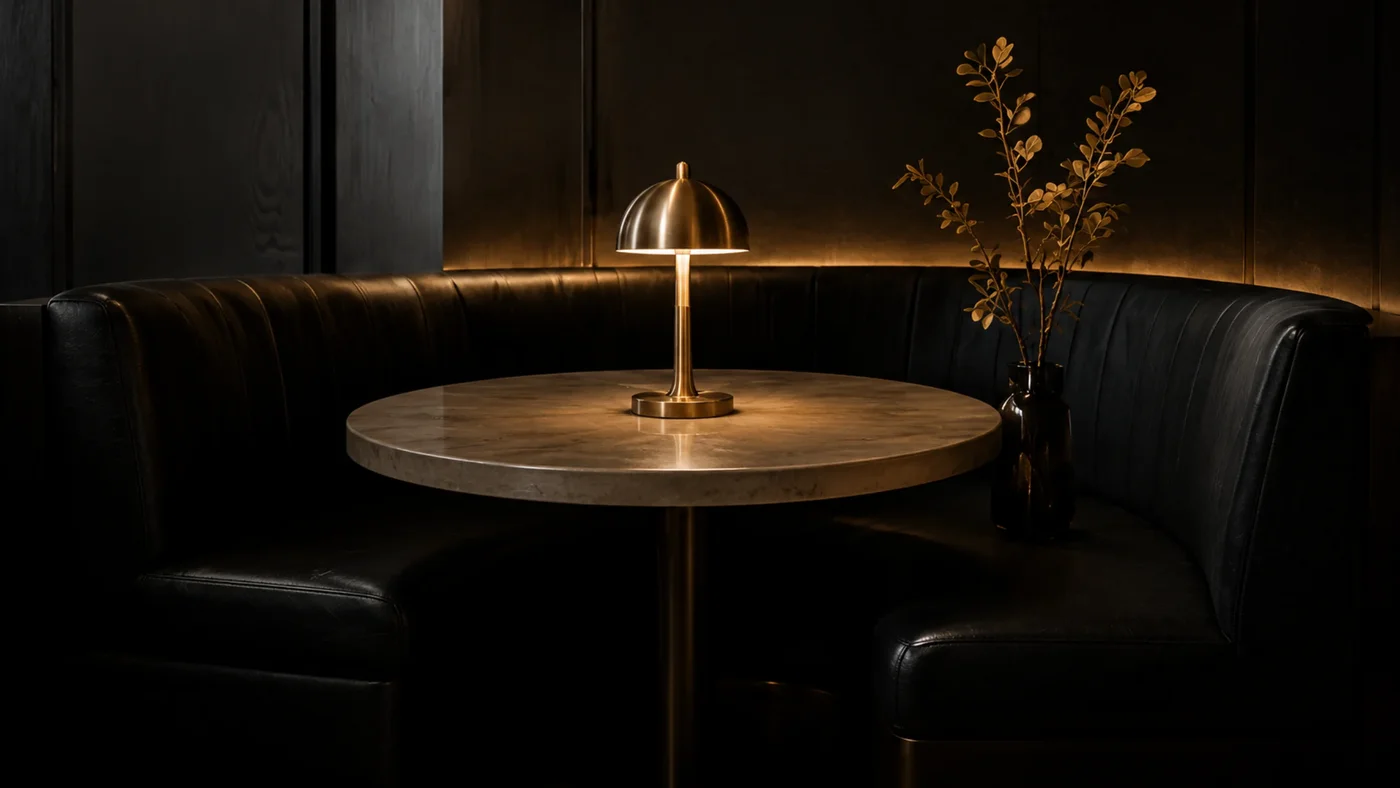 Dark leather banquette and lamp in a hotel lounge kept under a maintenance program