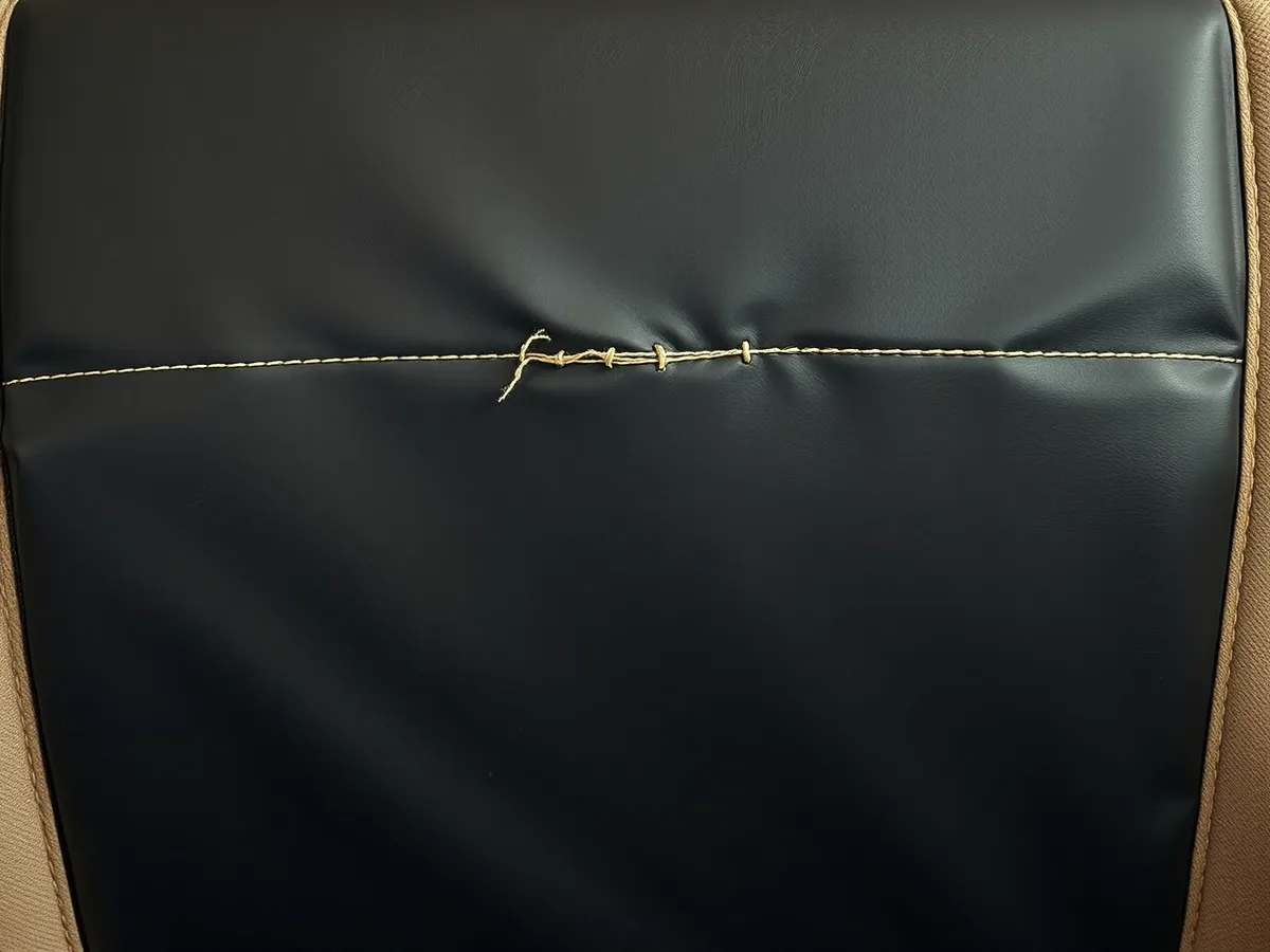 Stressed seam along the edge of a dark commercial vinyl booth seat