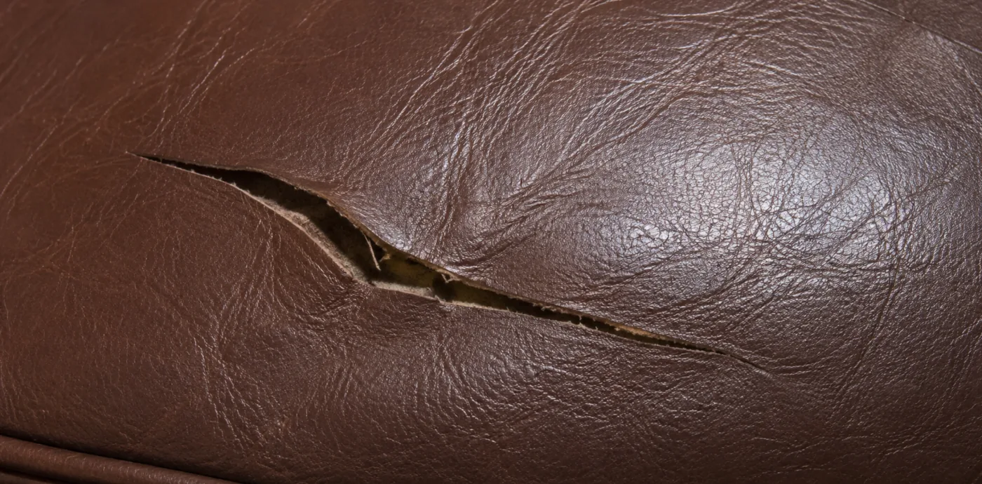 Long cut across brown leather