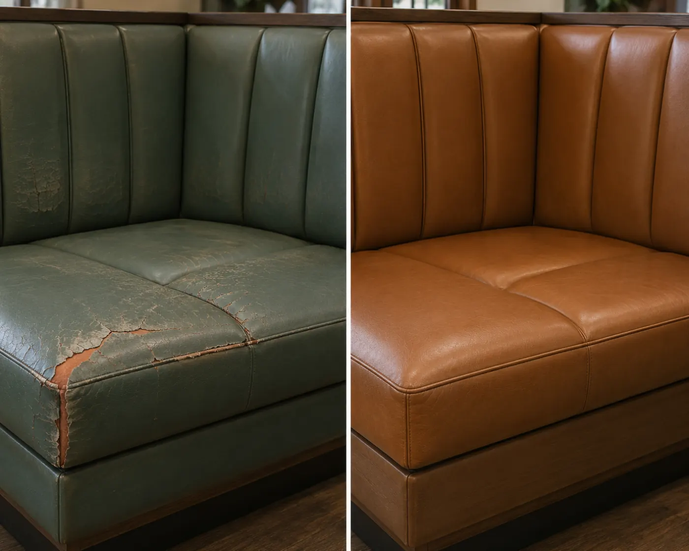 Worn green banquette recovered in tan leather