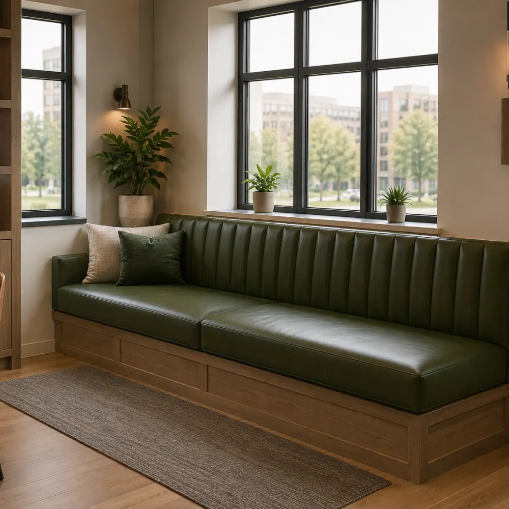 Green built-in bench running along an office window wall