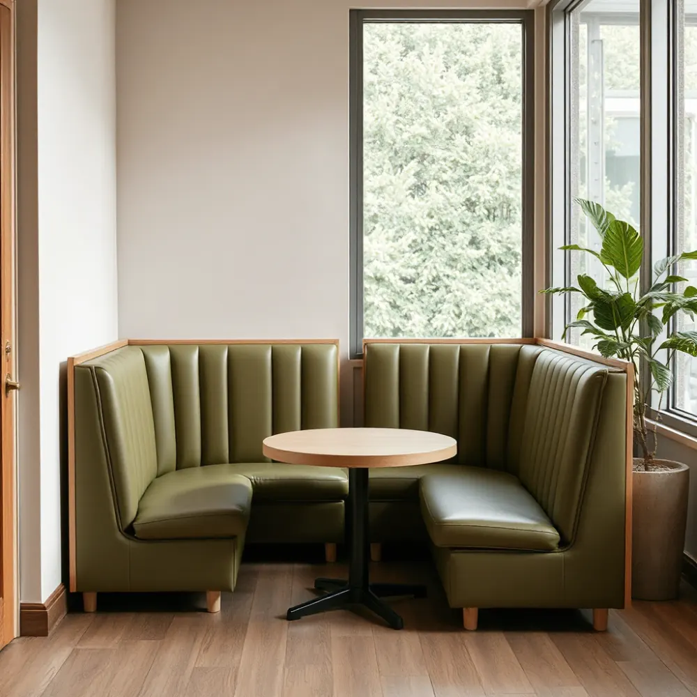Coworking booth banquette in green and tan upholstery