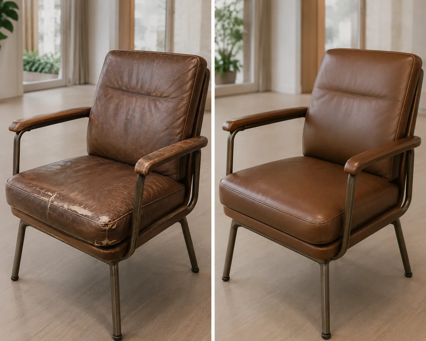 Coworking breakout chair before and after the seat edge was rebuilt