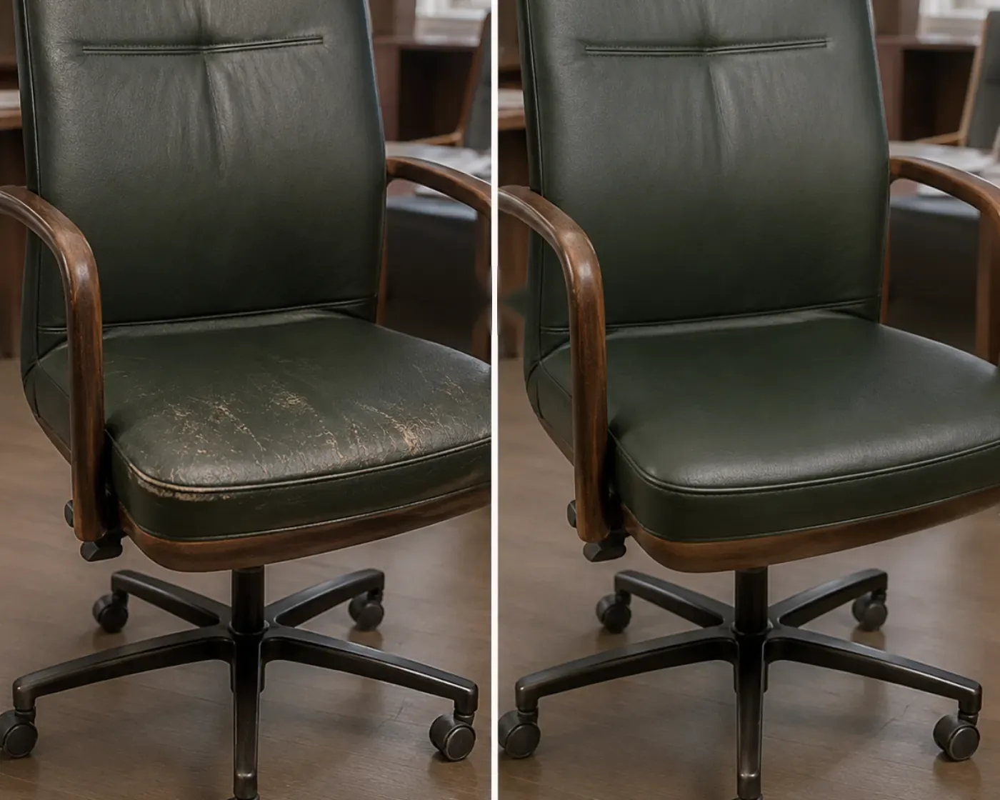Coworking desk chair before and after the worn seat was recolored and resealed