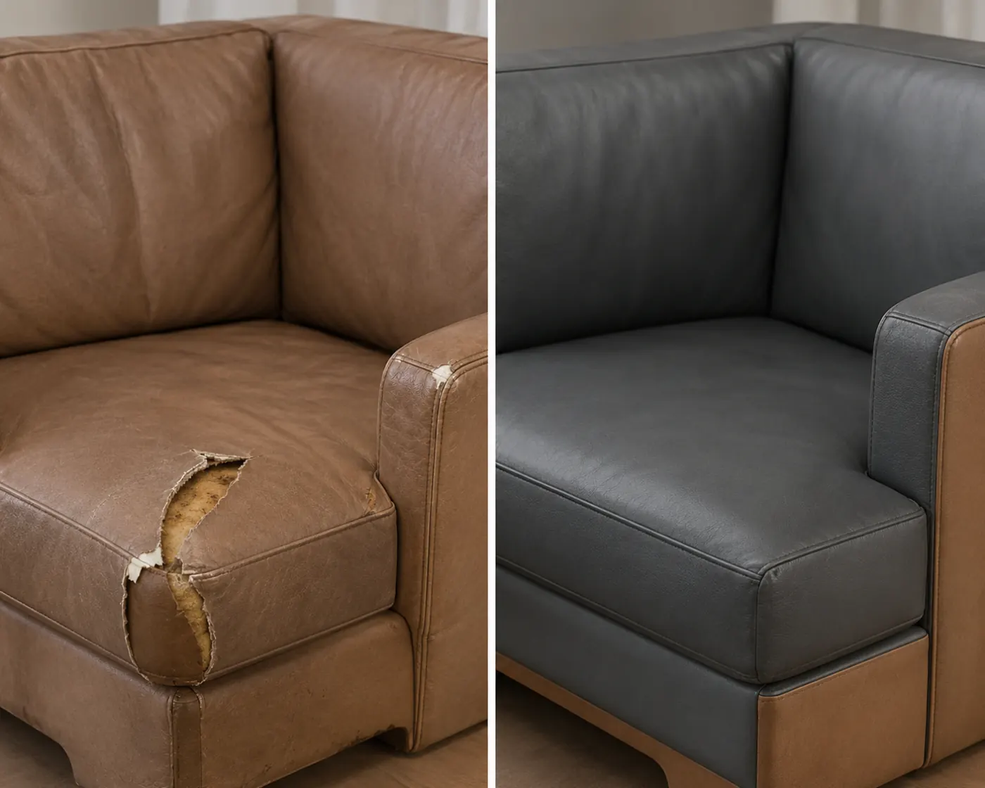 Tan leather lounge sofa before and after recovering: burst seat cushion in the before, a charcoal cover in the after with the outside arm and base rail still tan