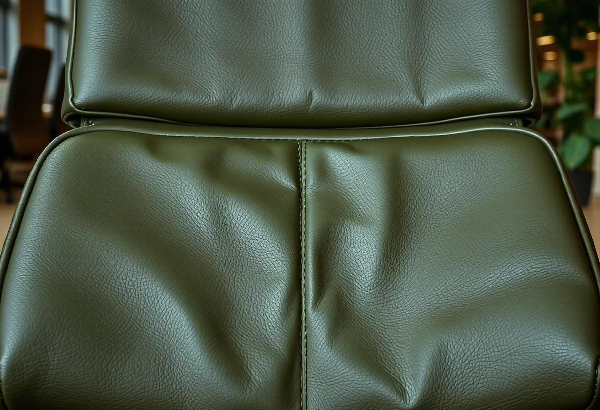 Olive green leather office chair seat with a short tear near the front edge and scuffed color