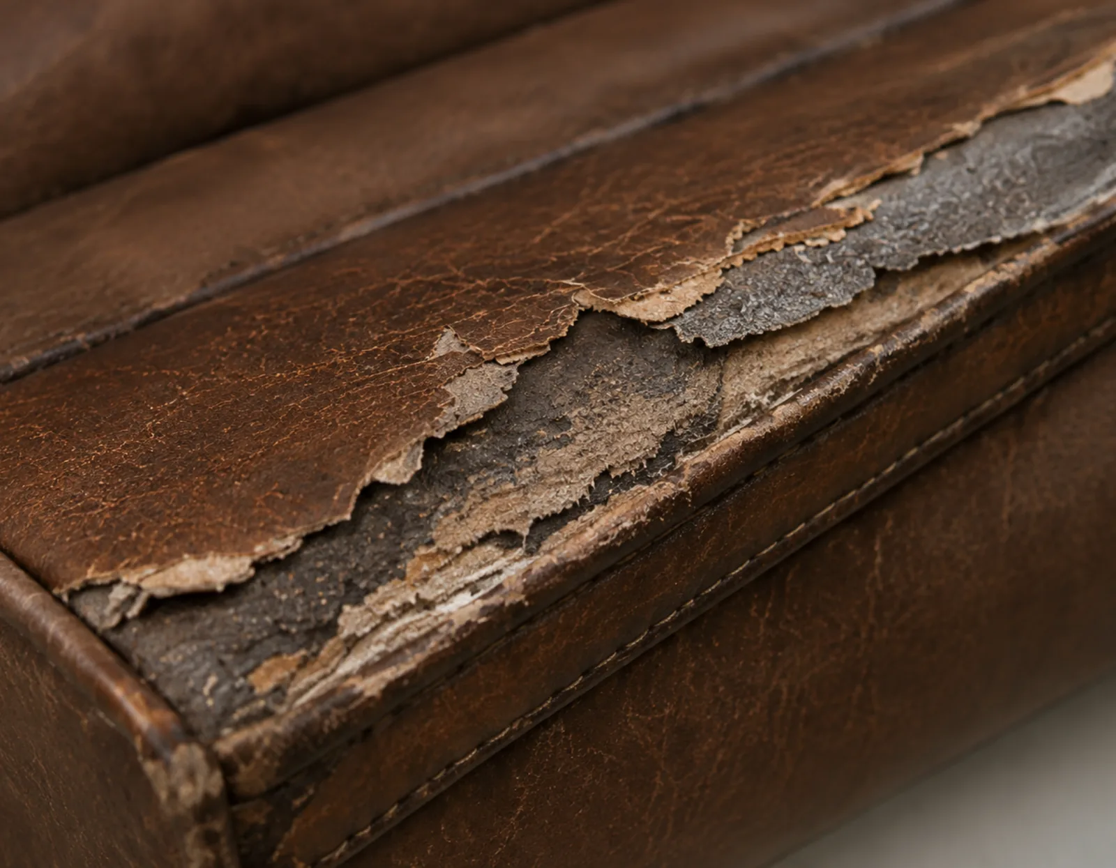 Bonded leather peeling off a sofa seat edge