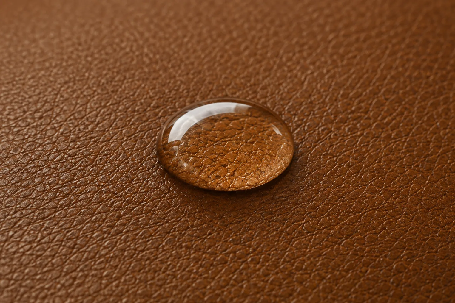 A water drop sitting beaded on the surface of semi-aniline leather immediately after being placed, the grain visible through it