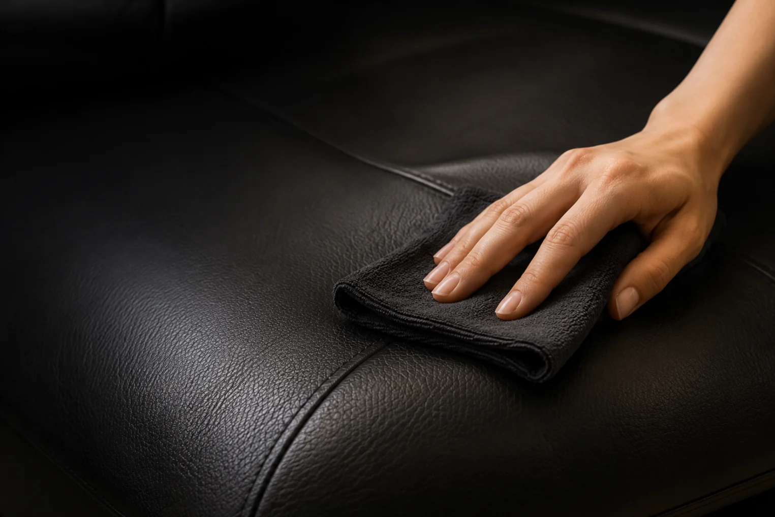 Hand wiping black leather with a cloth