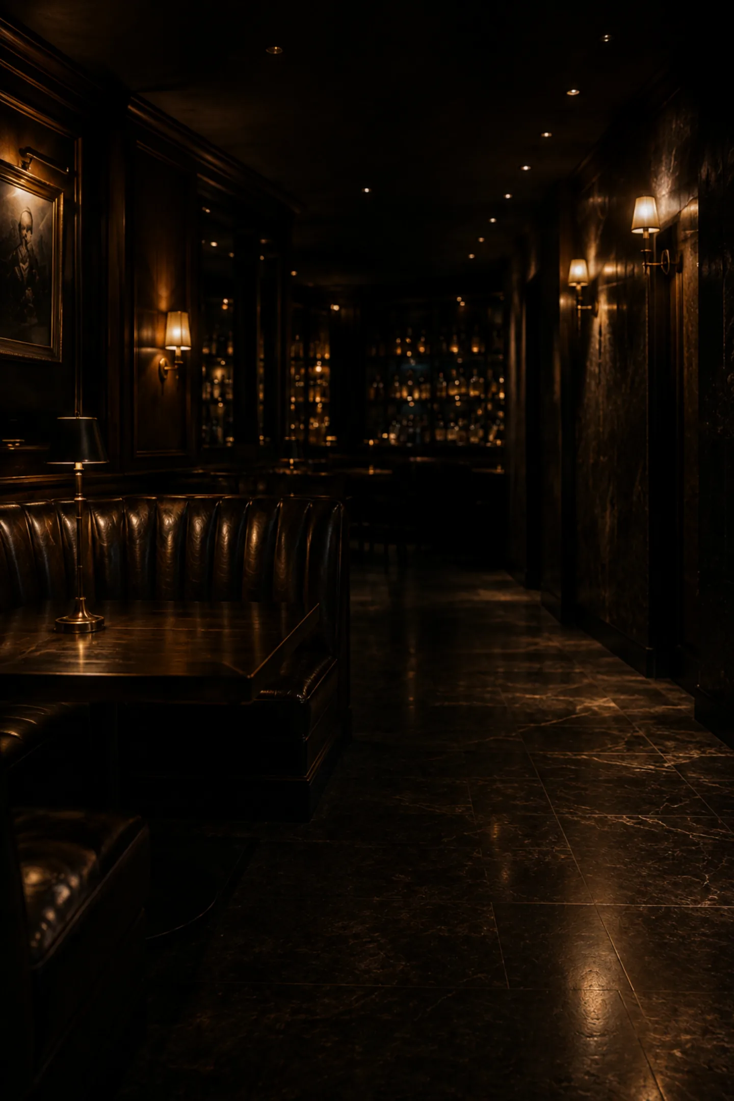An empty bar at night with leather booths and low lamps, closed for the evening