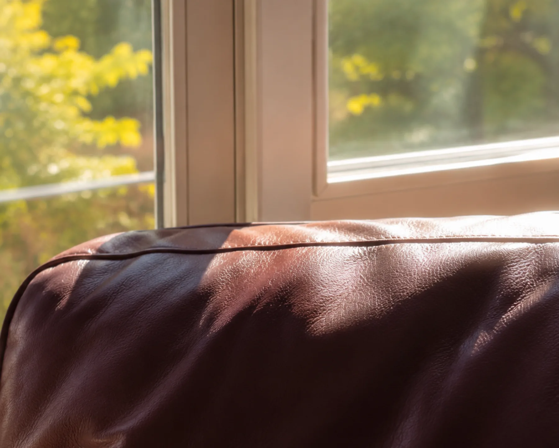 Dark leather cushion in bright window light