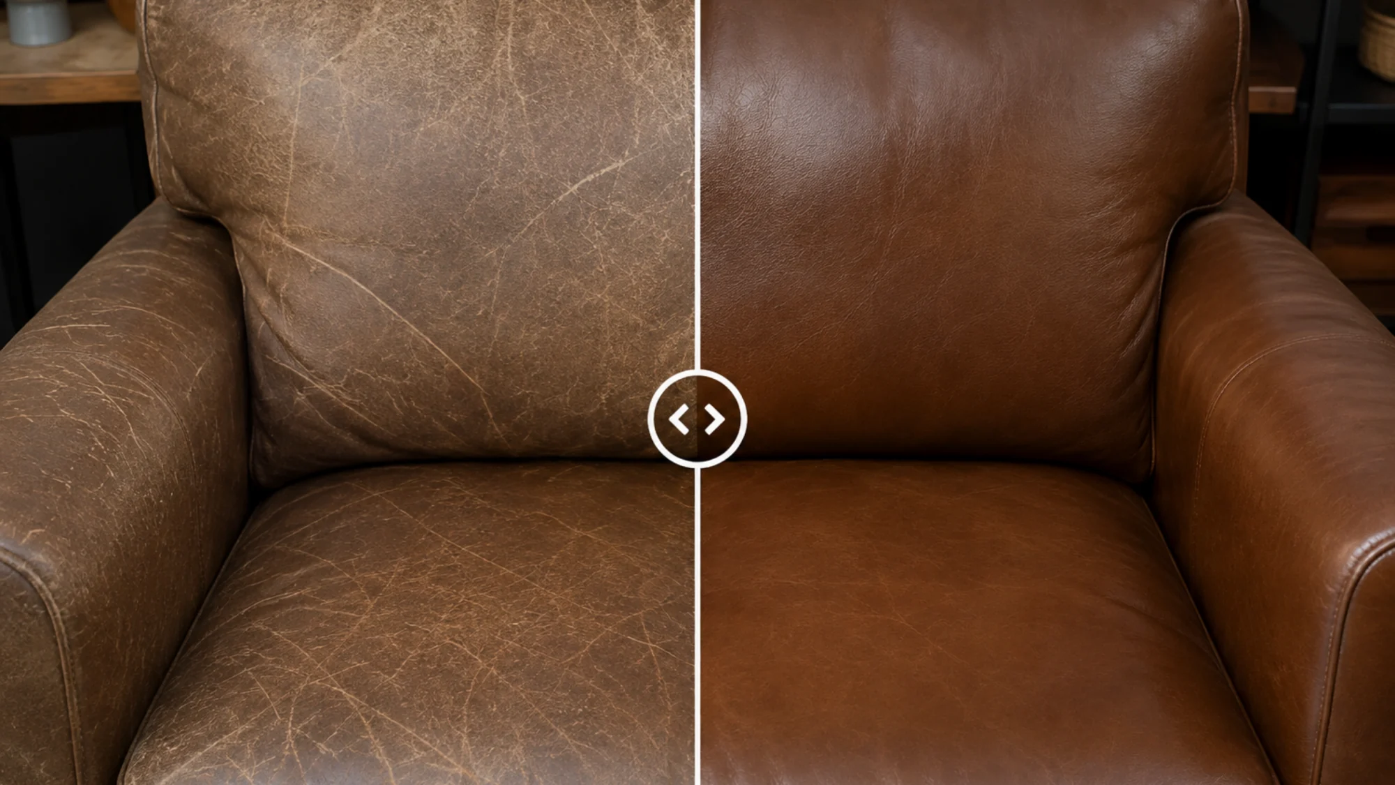 Leather club armchair, the left half dried and crazed across the back and seat, the right half deep even brown.