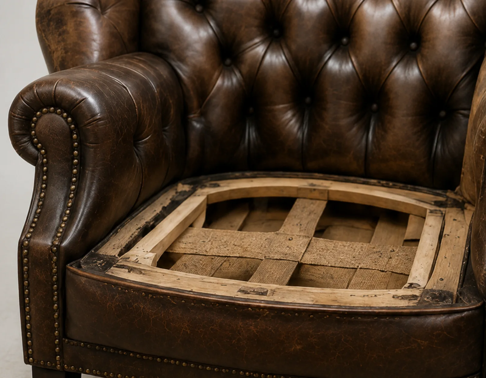 Tufted leather armchair opened to its bare frame and webbing before a new cover goes on