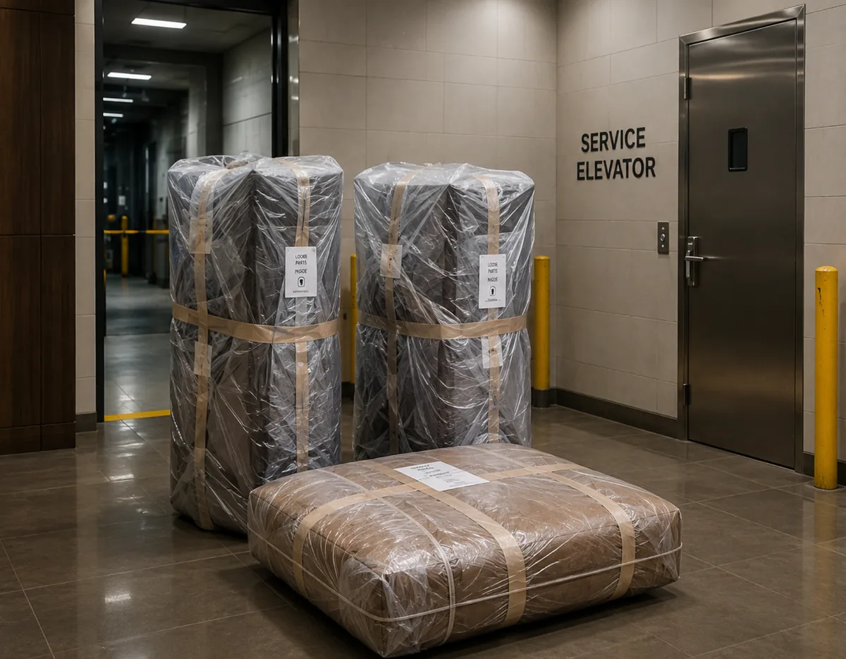 Wrapped cushions labelled beside a service elevator