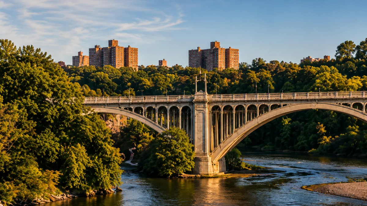 An arched bridge over a river in the Bronx