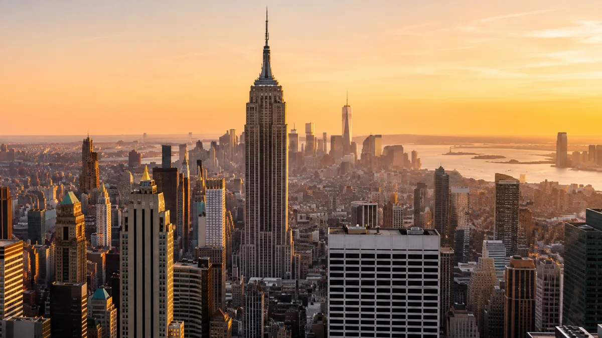 The Manhattan skyline at sunset with the Empire State Building